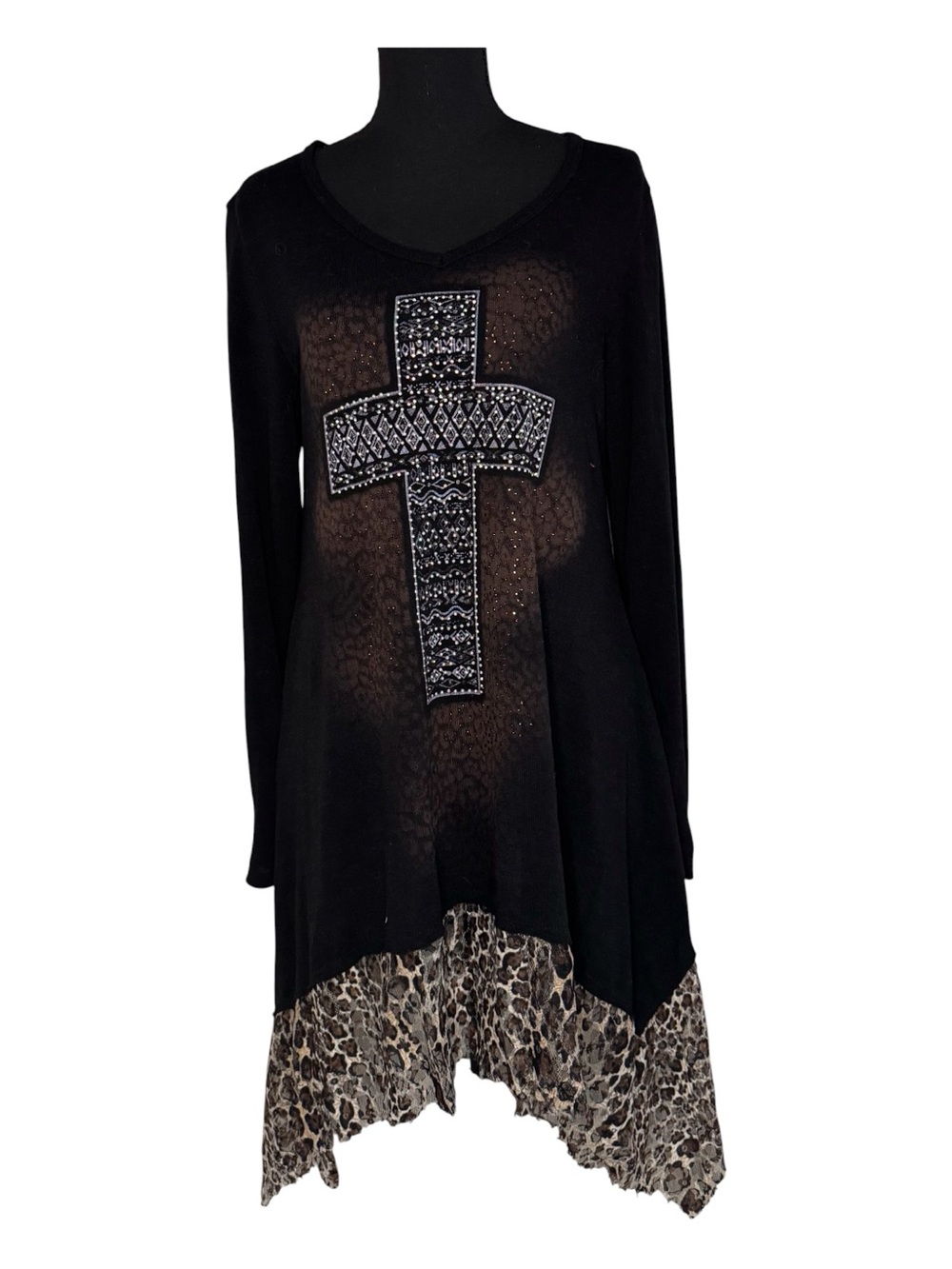 Vocal Black Tunic with Rhinestone Cross and Leopard Hem